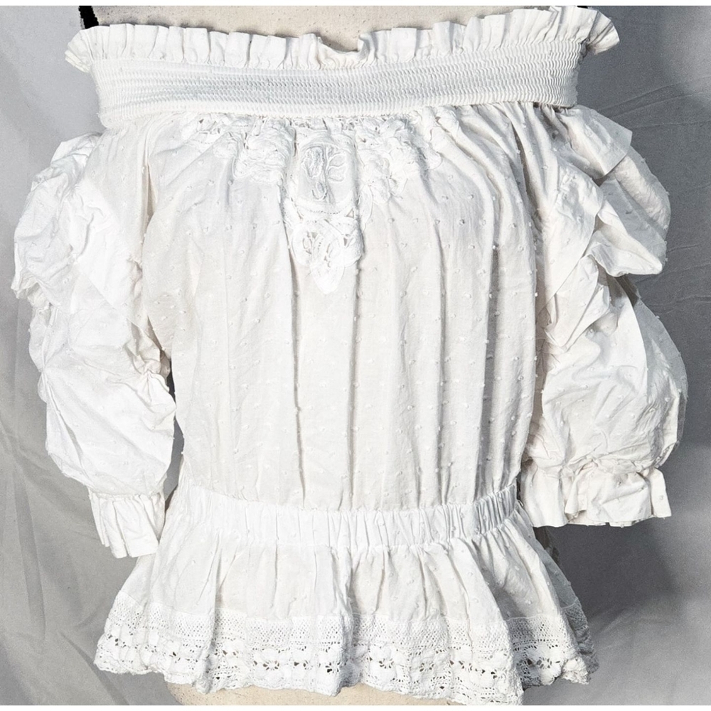 Seed Heritage White Cotton Embroidered Top Shirt Ruffle Puff Sleeve Cottagecore